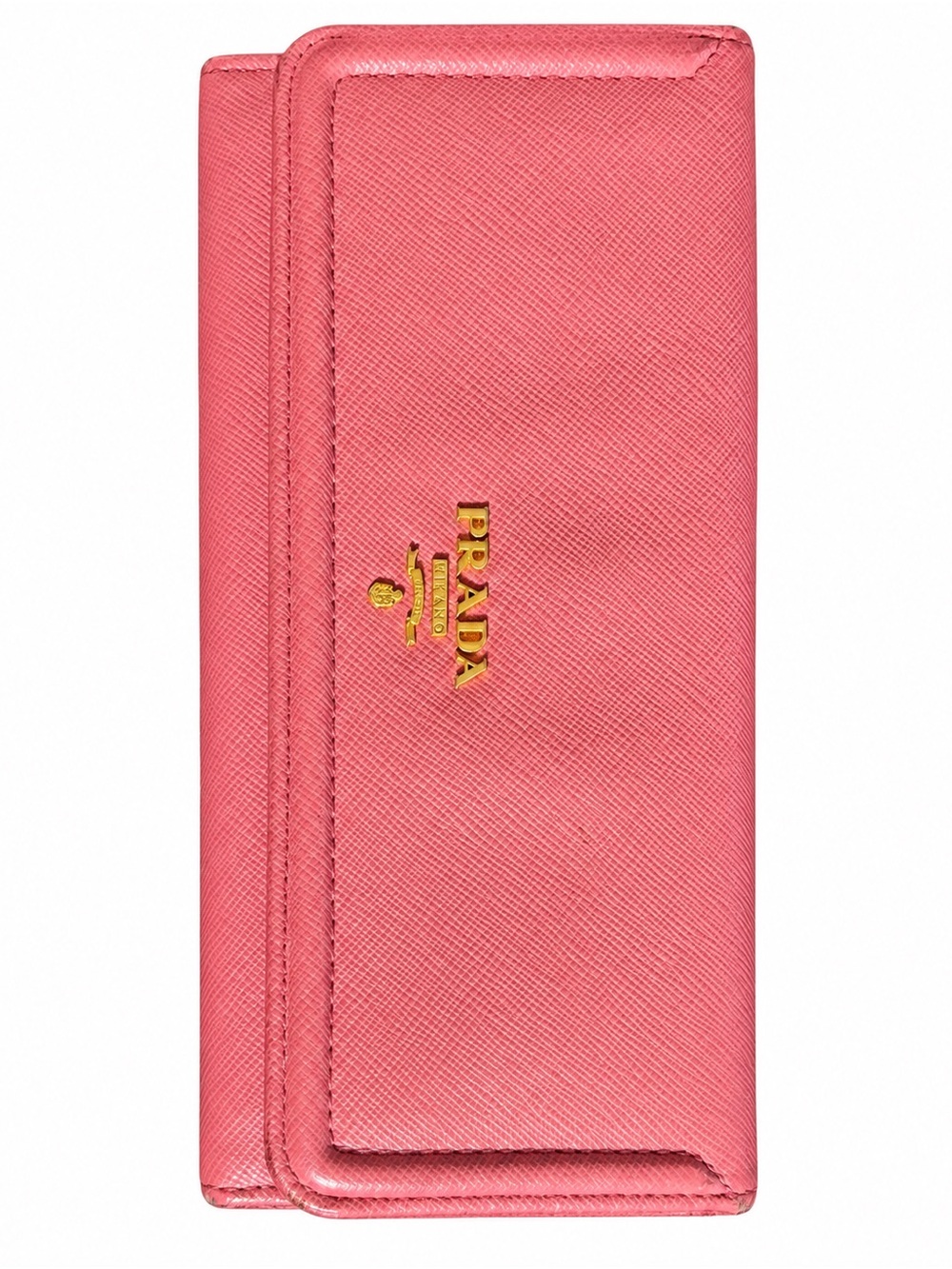 Prada Coral Pink Saffiano Continental Wallet with Gold Logo